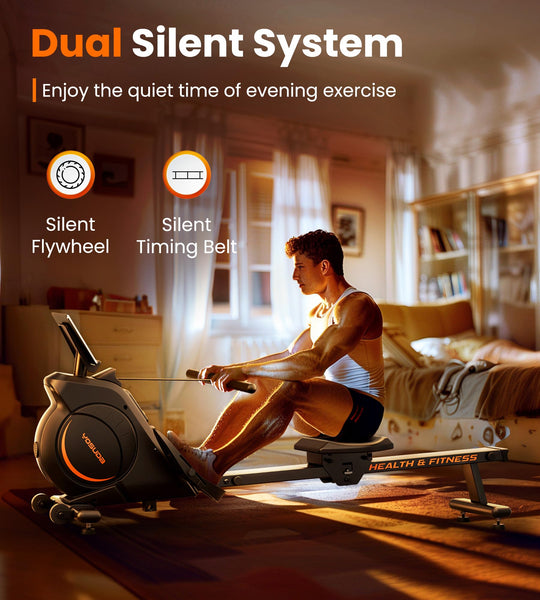 YOSUDA Magnetic Rowing Machine in a home setting, showcasing its stylish and functional design.
