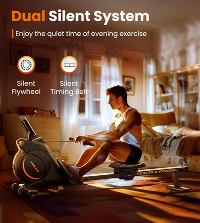 YOSUDA Magnetic Rowing Machine in a home setting, showcasing its stylish and functional design.