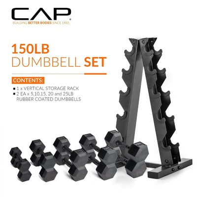 Range of hex dumbbells displayed with rack showcasing different weights in the CAP Barbell set.