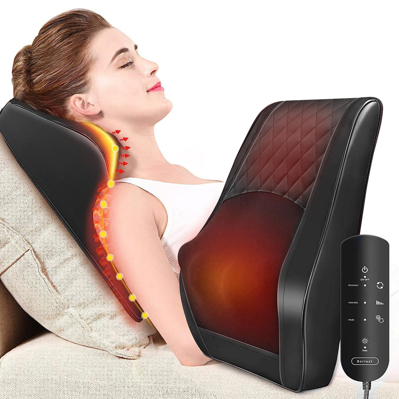 Boriwat Back Massager with Heat showcasing its 3D kneading massage features perfect for back, neck, and shoulder pain relief.