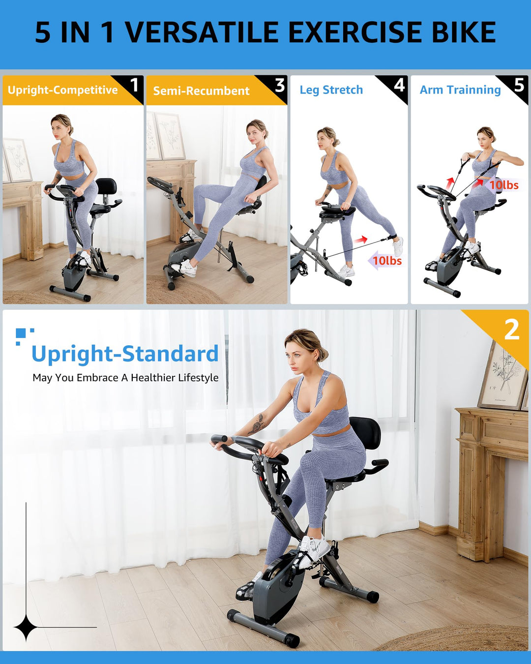 Foldable Exercise Bike 5 IN 1 with 16-Level Magnetic Resistance, Silent 20dB Operation &amp; 300LB Capacity - Dreamchaser Headquarters