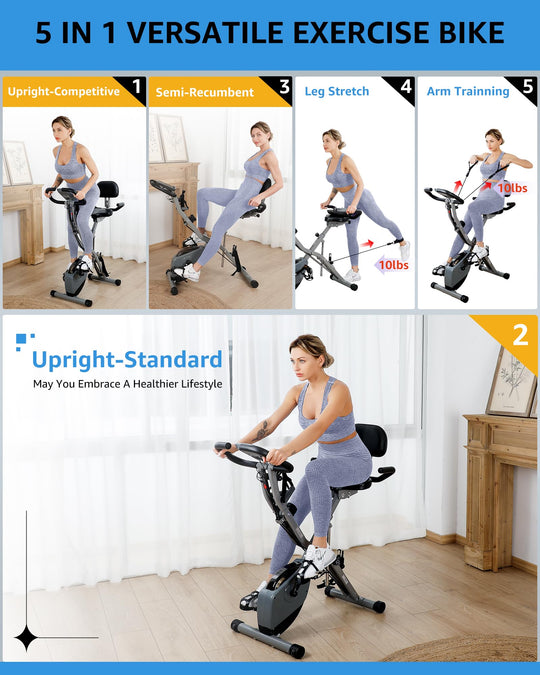 Foldable Exercise Bike 5 IN 1 with 16-Level Magnetic Resistance, Silent 20dB Operation &amp; 300LB Capacity - Dreamchaser Headquarters