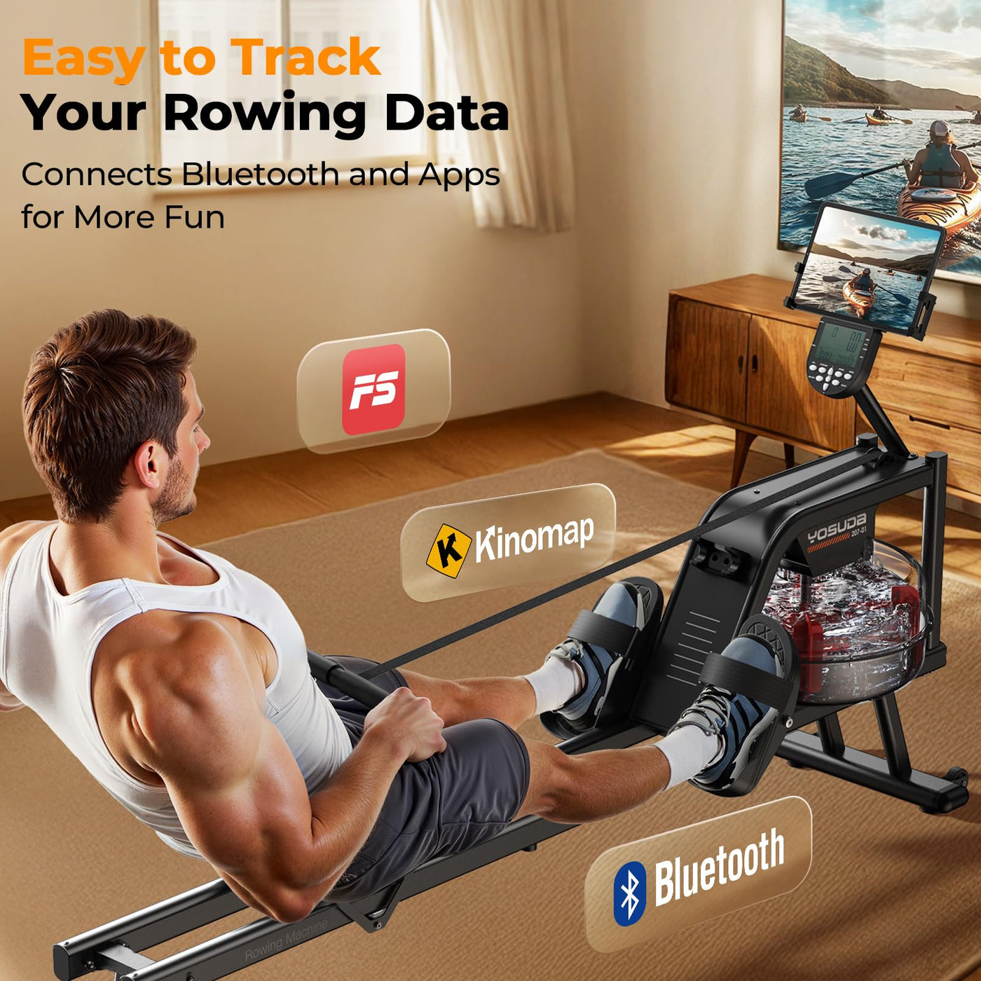 YOSUDA Magnetic Rowing Machine in active use, providing a full-body workout.