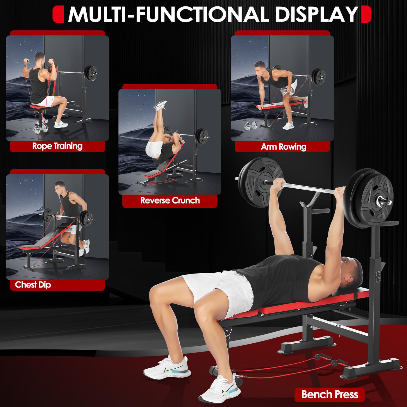 Accessory features of OPPSDECOR 6 in 1 Weight Bench Set, ideal home gym equipment for personal fitness training.