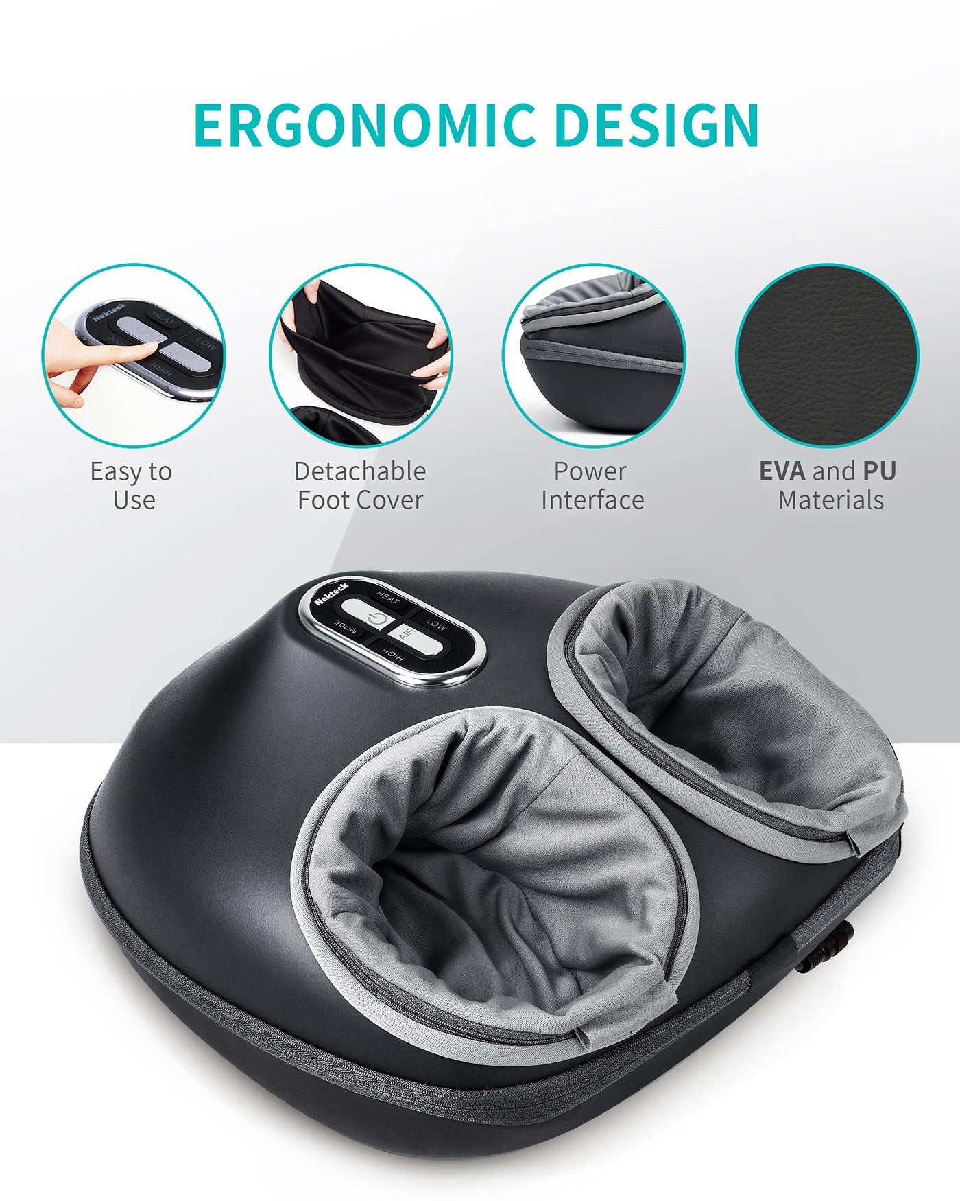 Nekteck foot massager remote showing different settings for deep tissue foot therapy and air compression adjustments.
