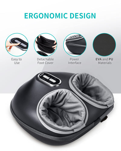 Nekteck foot massager remote showing different settings for deep tissue foot therapy and air compression adjustments.