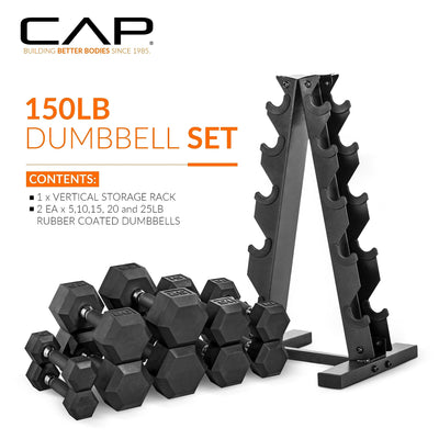 Side view of hex dumbbells with rack ready for workout routines from CAP Barbell.