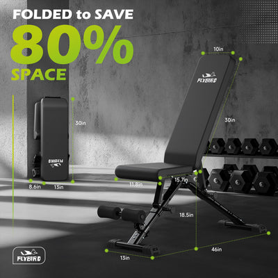 FLYBIRD Adjustable Weight Bench set up for workout, showcasing its versatility and strength for various exercises at home.