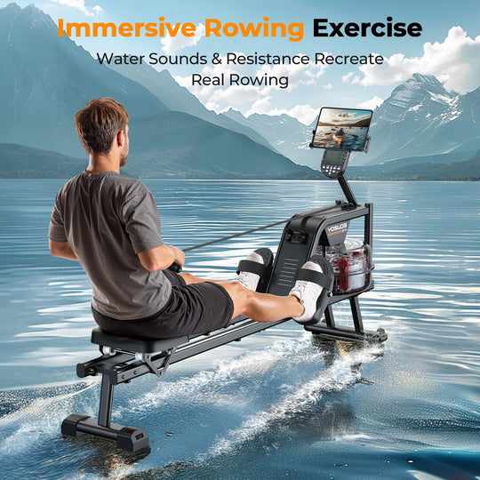 User completing a rowing workout on the YOSUDA Magnetic Rowing Machine.