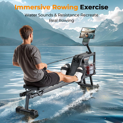 User completing a rowing workout on the YOSUDA Magnetic Rowing Machine.