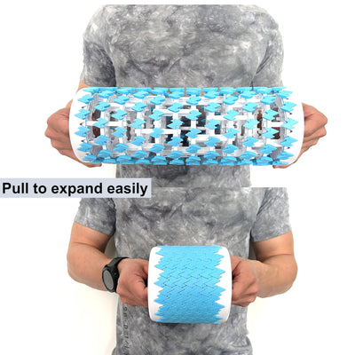 Close-up of the collapsible foam roller's rubber ends designed to emulate finger pressure for deep tissue massage.