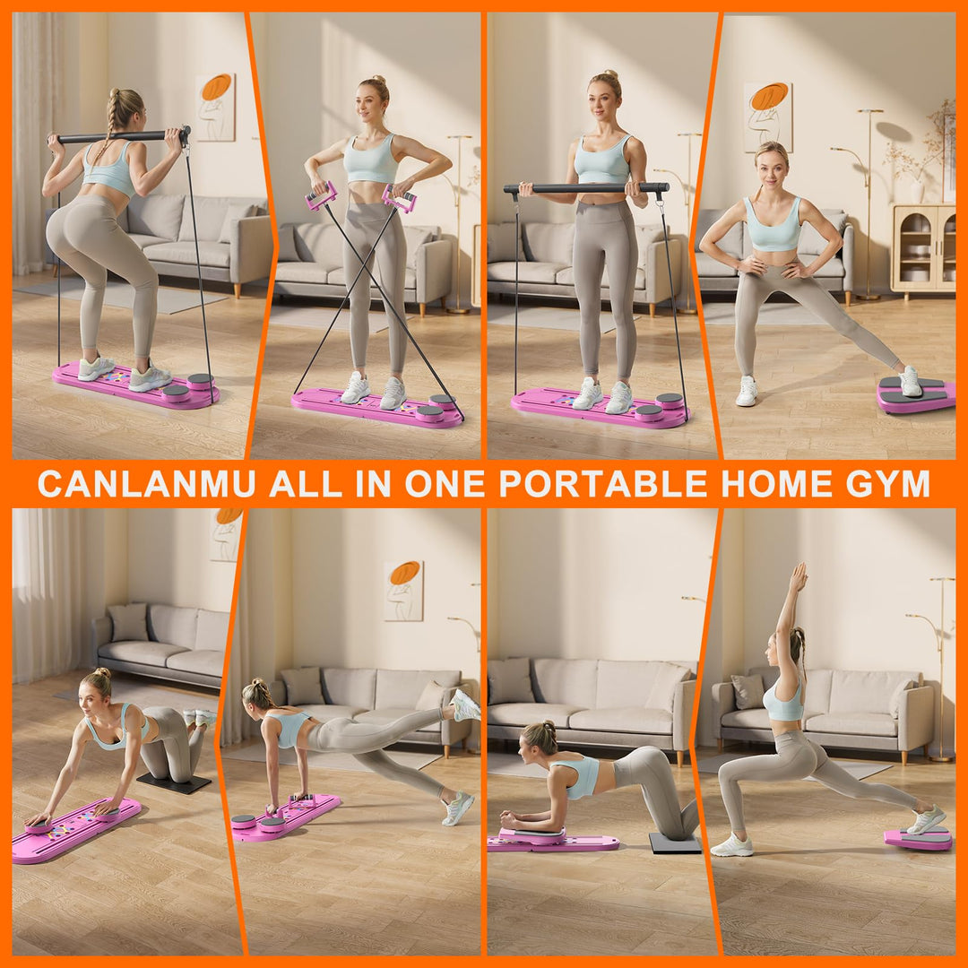 Multifunctional Pilates machine overview - showcasing the pink ab board for core training.