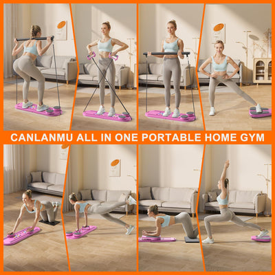 Multifunctional Pilates machine overview - showcasing the pink ab board for core training.