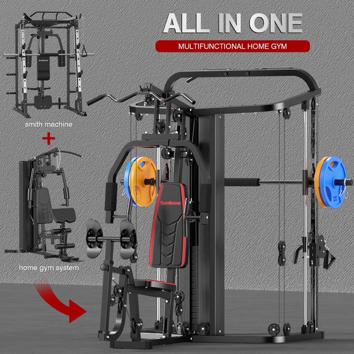 SunHome Multifunction Home Gym System Workout Station,Smith Machine with 138LB Weight Stack, Leg Press, LAT Station for Full Body Training - Dreamchaser Headquarters
