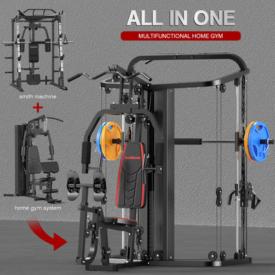 SunHome Multifunction Home Gym System Workout Station,Smith Machine with 138LB Weight Stack, Leg Press, LAT Station for Full Body Training - Dreamchaser Headquarters