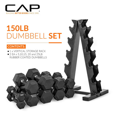 Functional setup of CAP Barbell hex dumbbells with rack for various fitness goals.