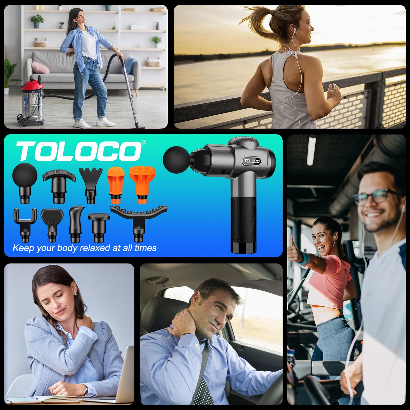 TOLOCO Massage Gun on a shelf, highlighting its sleek look and innovative features as a percussion massager with multiple heads.