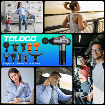 TOLOCO Massage Gun on a shelf, highlighting its sleek look and innovative features as a percussion massager with multiple heads.