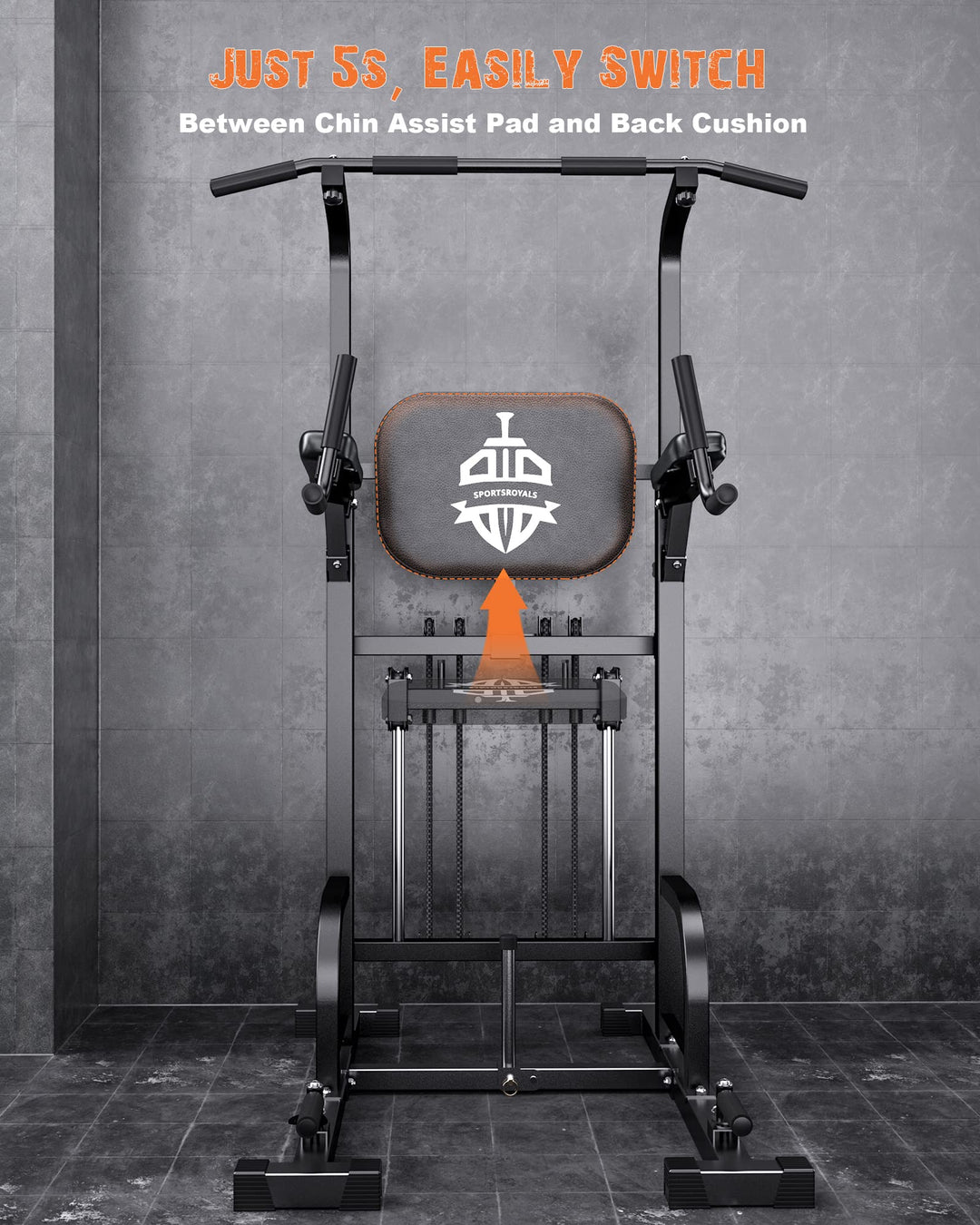 Showing the adaptability of the Sportsroyals Power Tower featuring a pull up bar for home gym dynamics.