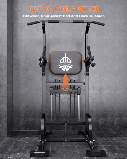 Showing the adaptability of the Sportsroyals Power Tower featuring a pull up bar for home gym dynamics.