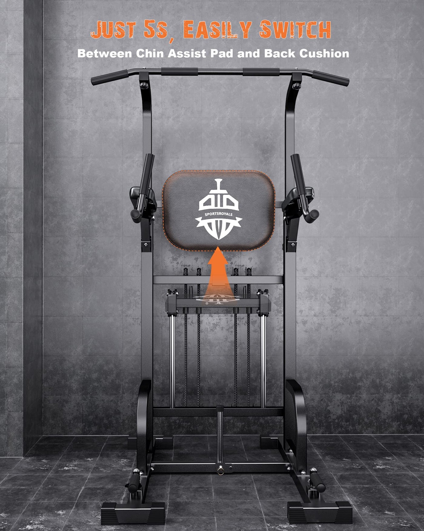 Showing the adaptability of the Sportsroyals Power Tower featuring a pull up bar for home gym dynamics.