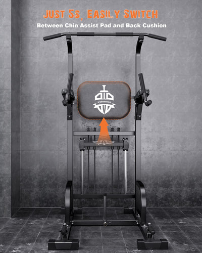Showing the adaptability of the Sportsroyals Power Tower featuring a pull up bar for home gym dynamics.