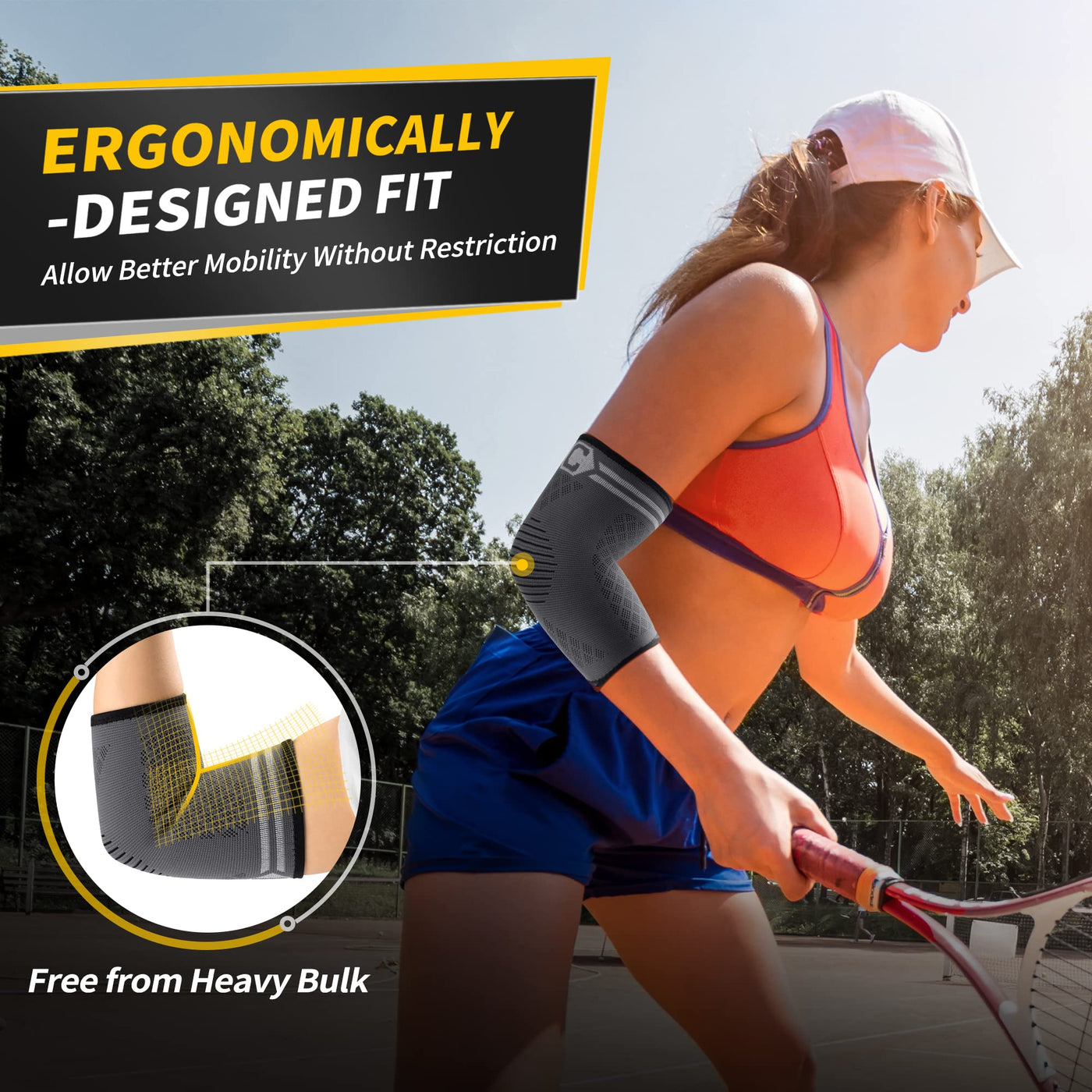 Showcasing the flexibility of the CAMBIVO elbow brace for tendonitis in various sports.