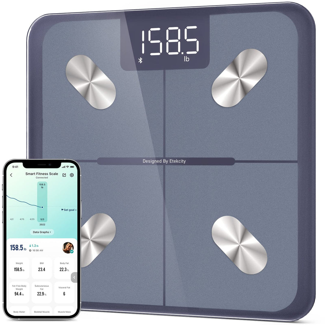 Detailed shot of the Etekcity Smart Scale for Body Weight, illustrating the technology behind the Bluetooth body composition scale.