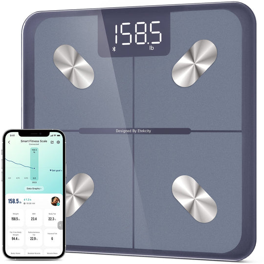 Detailed shot of the Etekcity Smart Scale for Body Weight, illustrating the technology behind the Bluetooth body composition scale.