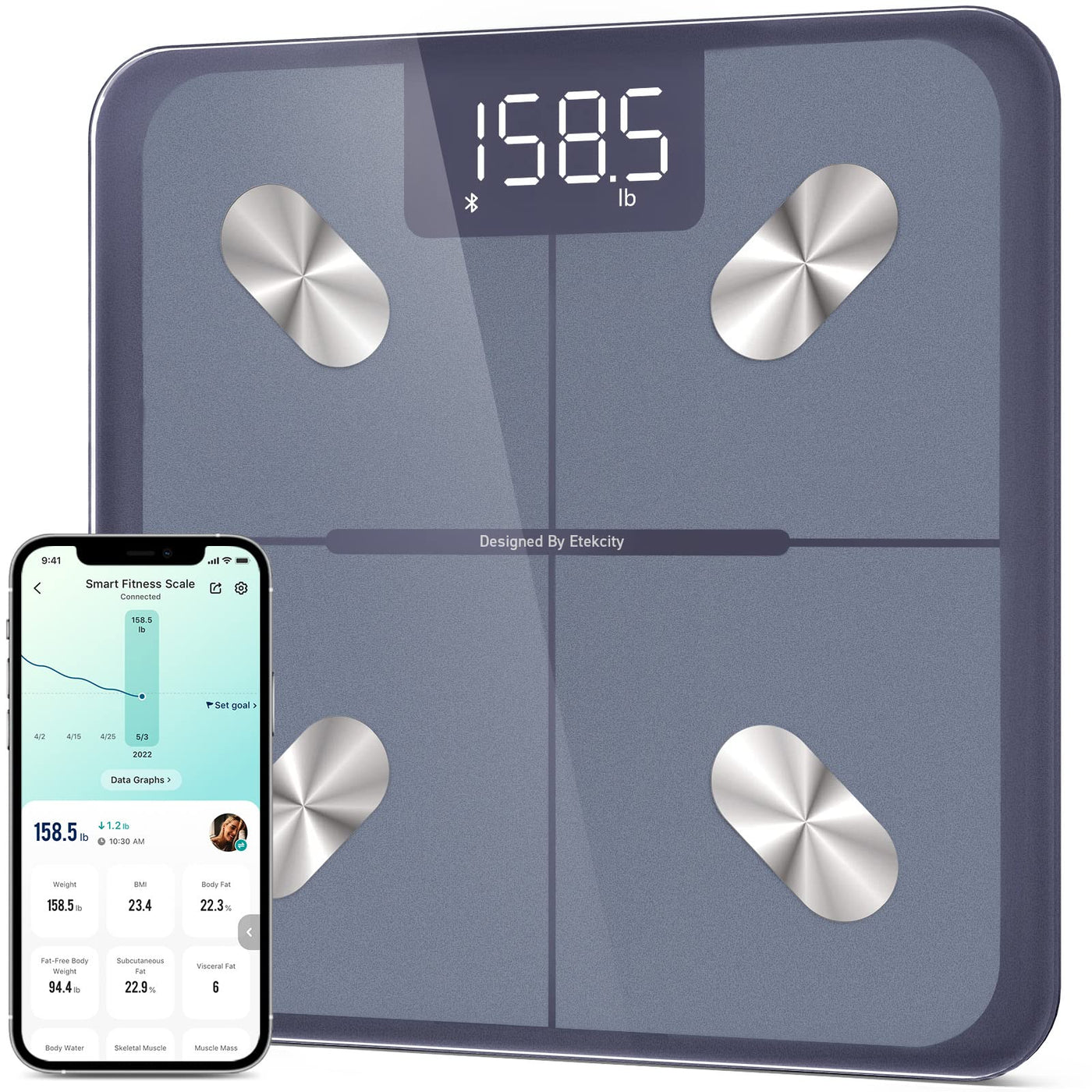 Detailed shot of the Etekcity Smart Scale for Body Weight, illustrating the technology behind the Bluetooth body composition scale.