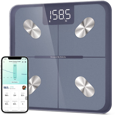 Detailed shot of the Etekcity Smart Scale for Body Weight, illustrating the technology behind the Bluetooth body composition scale.