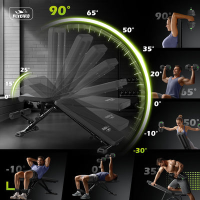 FLYBIRD Adjustable Weight Bench folded to save space, showing its compact design that allows for easy storage in small areas.