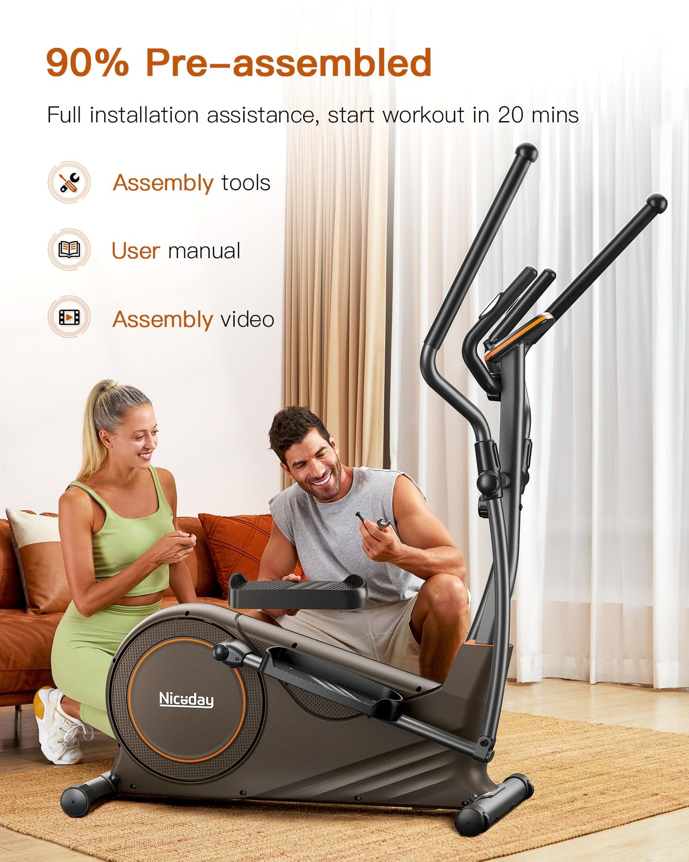 Detail of the Niceday Elliptical Machine’s transport wheels, making it easy to move as an elliptical trainer for home.