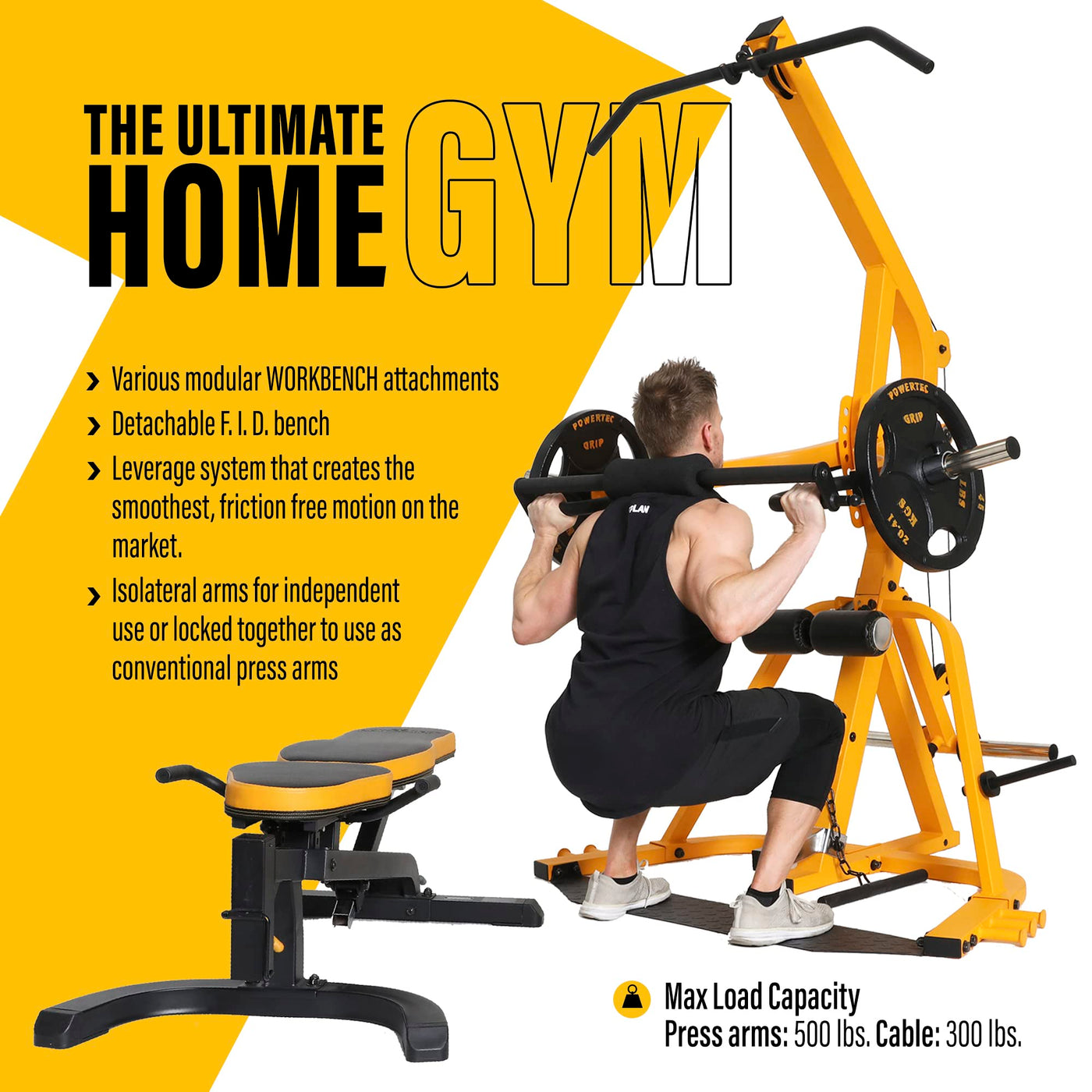 Powertec Fitness Workbench LeverGym - Workout Bench, 500 LB Weight Capacity, Black - Gym Equipment for Home - Adjustable Full Body Workout Machine - Dreamchaser Headquarters