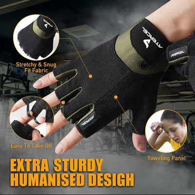 Panoramic view of ATERCEL Workout Gloves on display, suitable for all fitness activities requiring workout gloves for weight lifting.