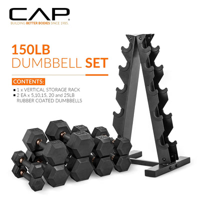 The sturdy A-frame rack with hex dumbbells from CAP Barbell, showcasing durability and design.