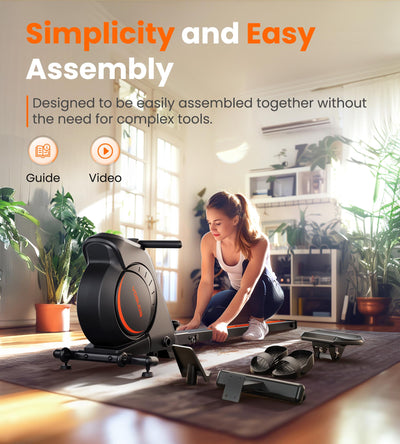 Demonstrating the easy storage option of the YOSUDA Magnetic Rowing Machine in small spaces.