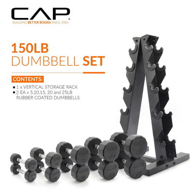 CAP Barbell 150 LB Hex Dumbbells with Rack - Space-Saving Design, Durable Rubber Coating, Versatile for Home Gym - Dreamchaser Headquarters