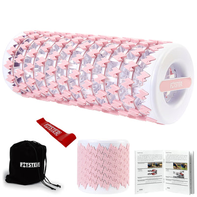 Showing the collapsible foam roller in a stylish fitness bag, demonstrating its travel-friendly nature.