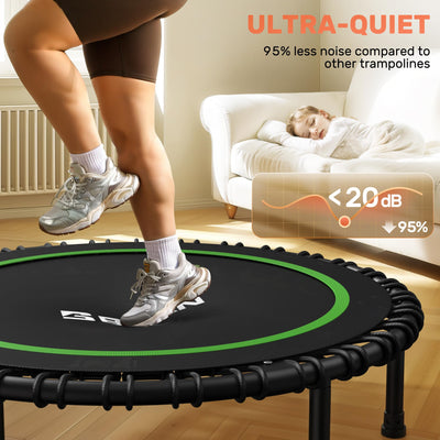 Person enjoying a workout on the BCAN fitness trampoline with handle, emphasizing its indoor and outdoor versatility.