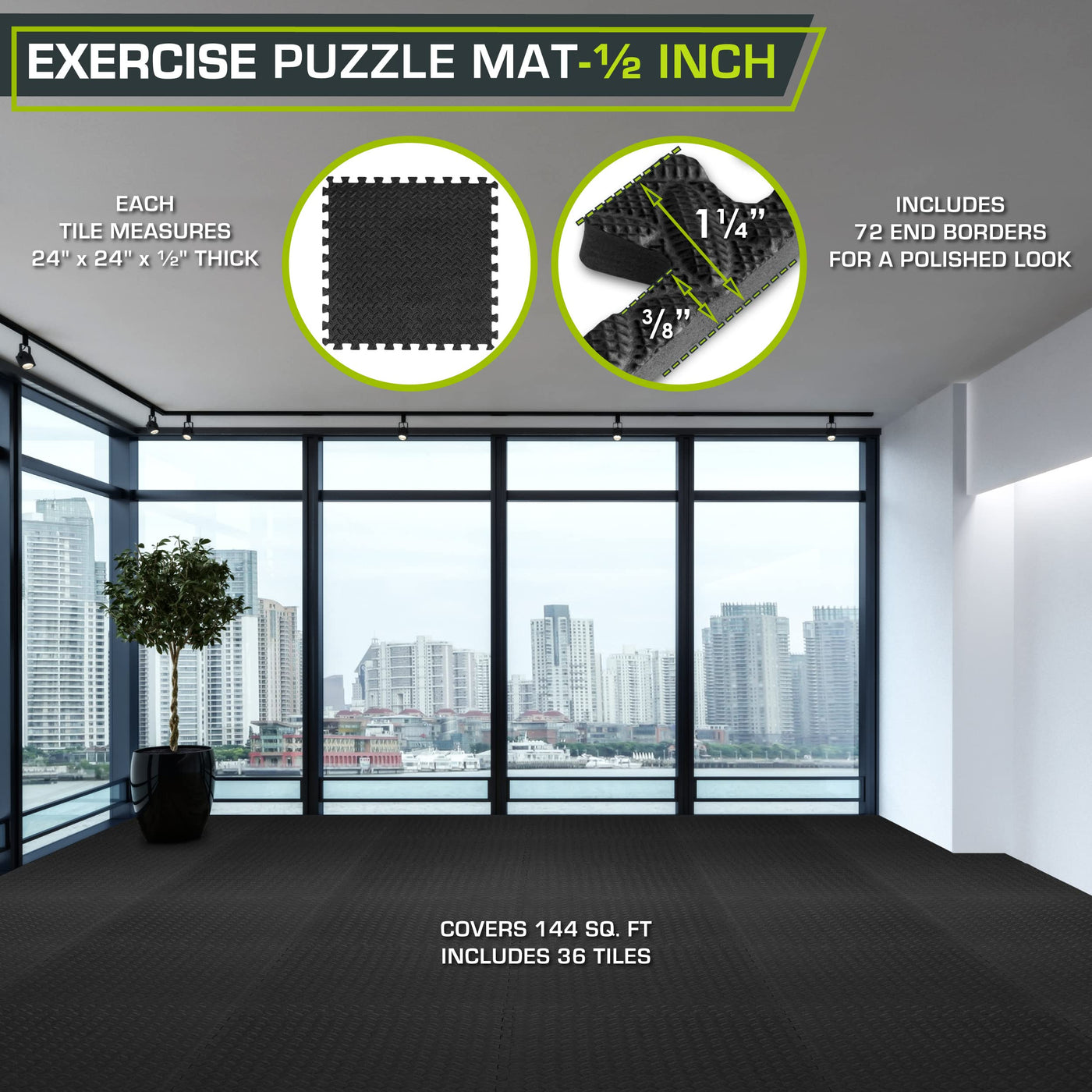 ProsourceFit Puzzle Exercise Mat ½ in, EVA Interlocking Foam Floor Tiles for Home Gym, Mat for Home Workout Equipment, Floor Padding for Kids, Black, 24 in x 24 in x ½ in, 24 Sq Ft - 6 Tiles - Dreamchaser Headquarters