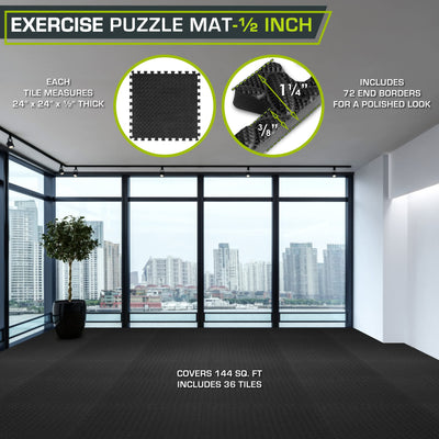 ProsourceFit Puzzle Exercise Mat ½ in, EVA Interlocking Foam Floor Tiles for Home Gym, Mat for Home Workout Equipment, Floor Padding for Kids, Black, 24 in x 24 in x ½ in, 24 Sq Ft - 6 Tiles - Dreamchaser Headquarters