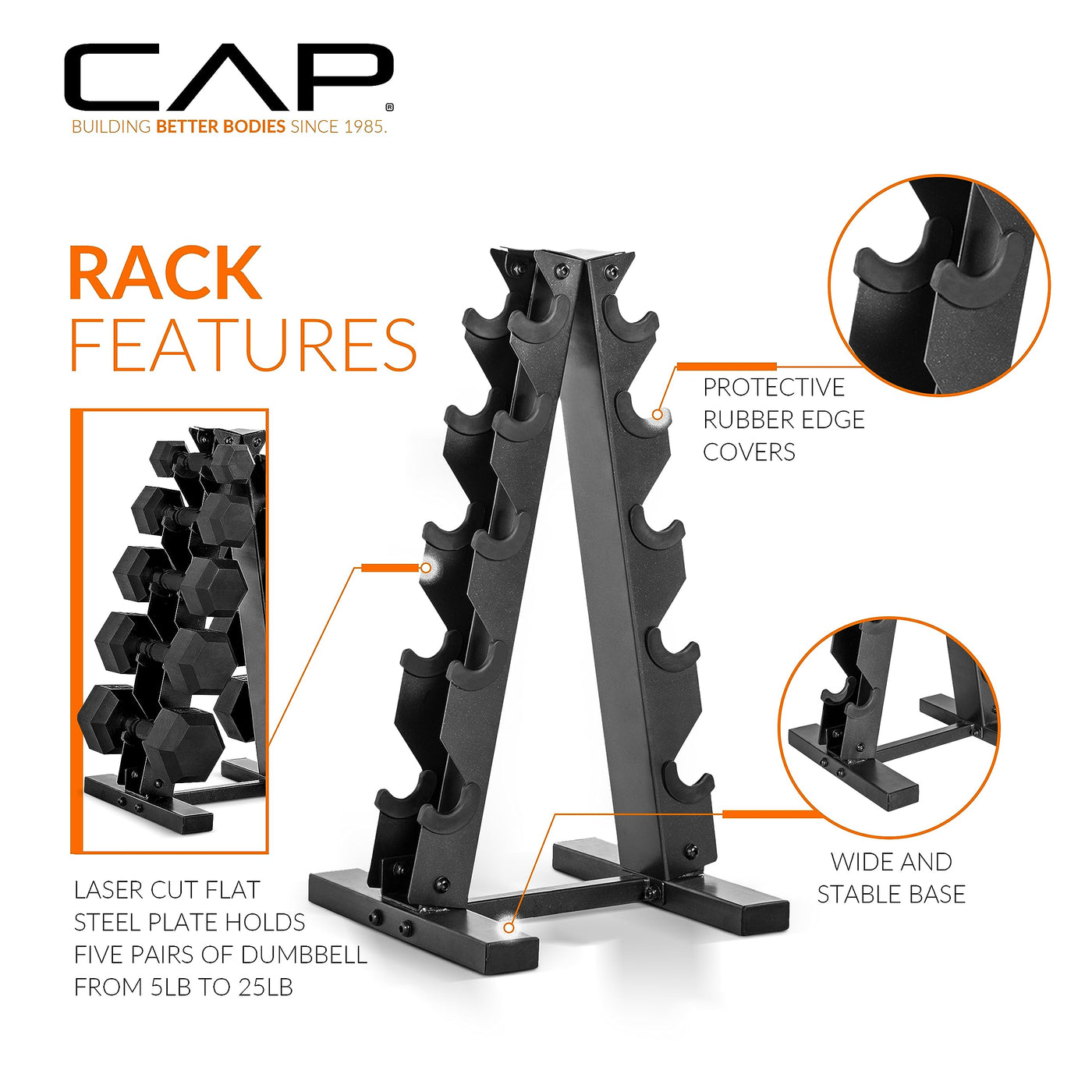 Versatility of CAP Barbell hex dumbbells with rack, suitable for isolation and full body workouts.