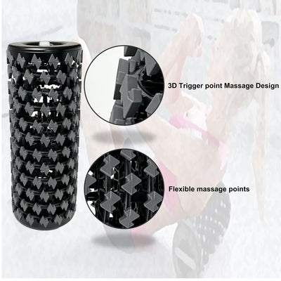 Collapsible foam roller being used by an athlete, highlighting its benefits for muscle pain relief and increased blood flow.