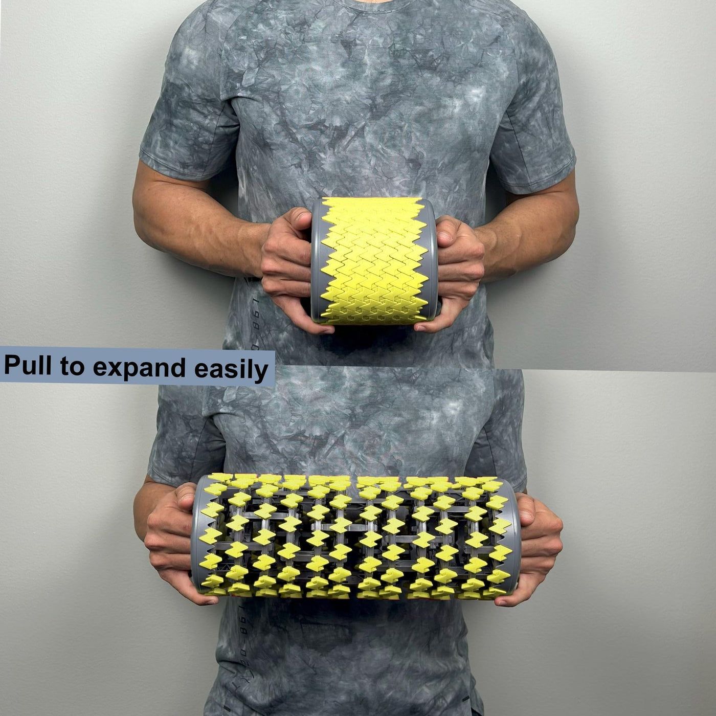 User applying pressure on the collapsible foam roller on their calves, demonstrating effective massage techniques.