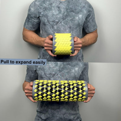 User applying pressure on the collapsible foam roller on their calves, demonstrating effective massage techniques.