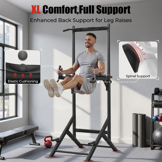 Sportsroyals Power Tower Dip Station demonstrating how to effectively use the pull up bar for home gym workouts.