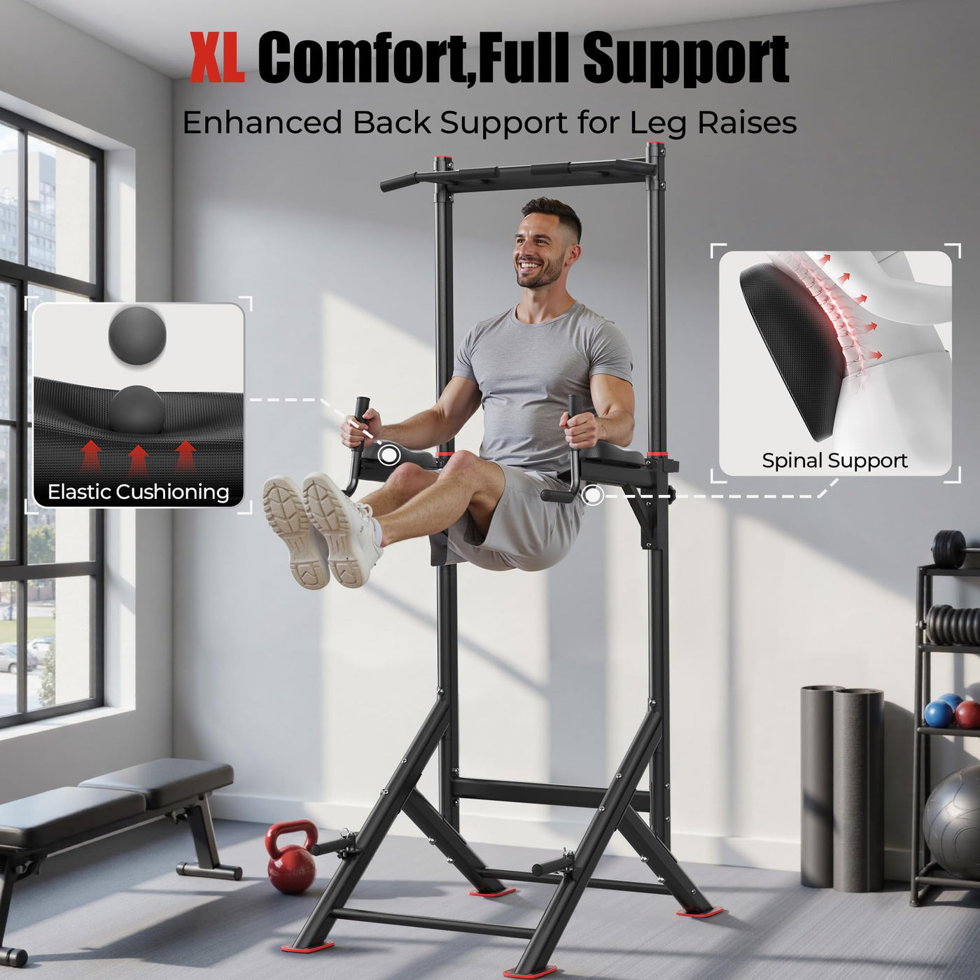 Sportsroyals Power Tower Dip Station demonstrating how to effectively use the pull up bar for home gym workouts.