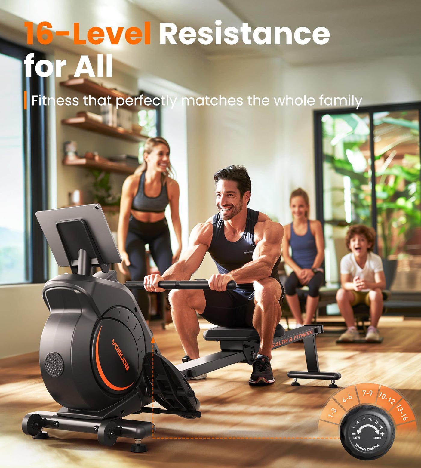 Compact design of the YOSUDA Magnetic Rowing Machine when stored upright to save space.
