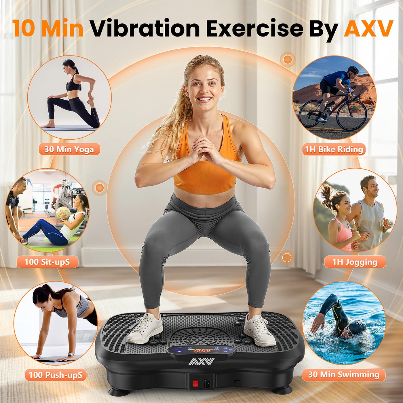 Full Body Shaker Workout on AXV Vibration Plate, designed for weight loss and muscle activation, ideal for gym enthusiasts.